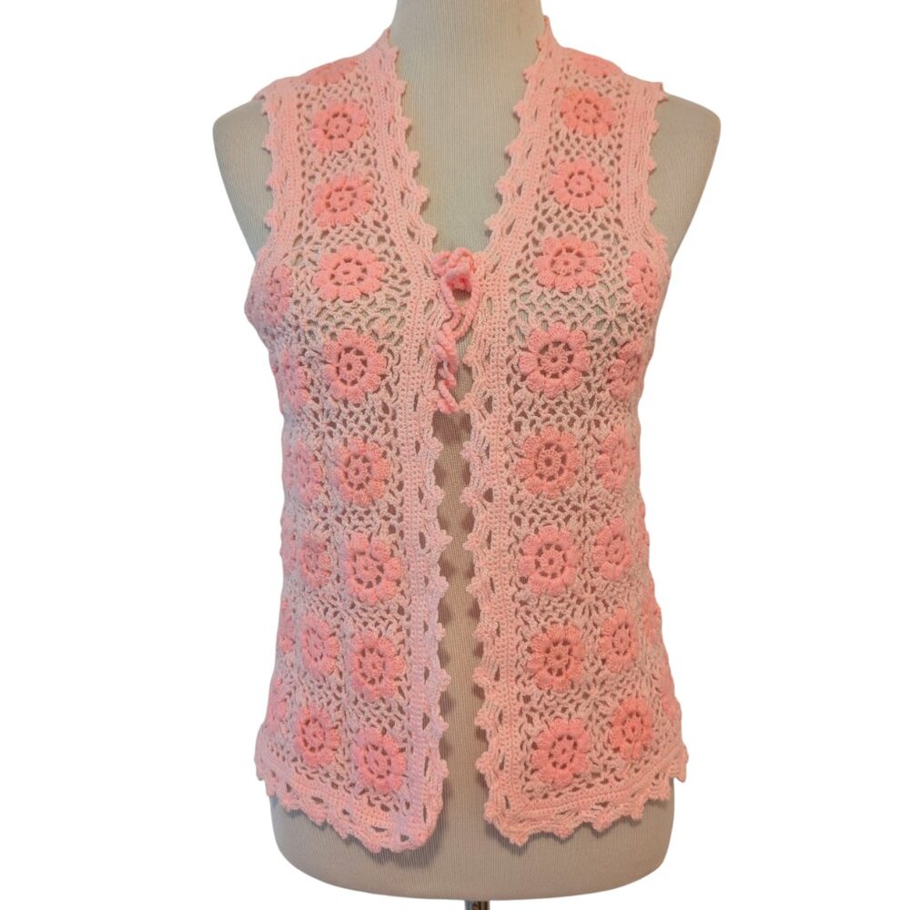 Vintage Handmade Womens Sz S/M? Pink Crochet Knit Granny Square Cottagecore Vest